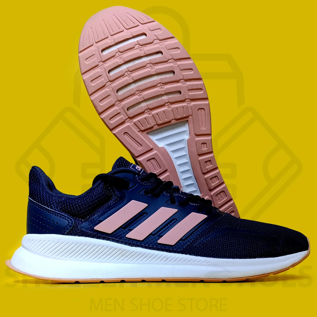 ADI RUN FALCON JOGGERS - SHOEZEN MEN SHOES - Navy running shoe with pink stripes on a yellow background