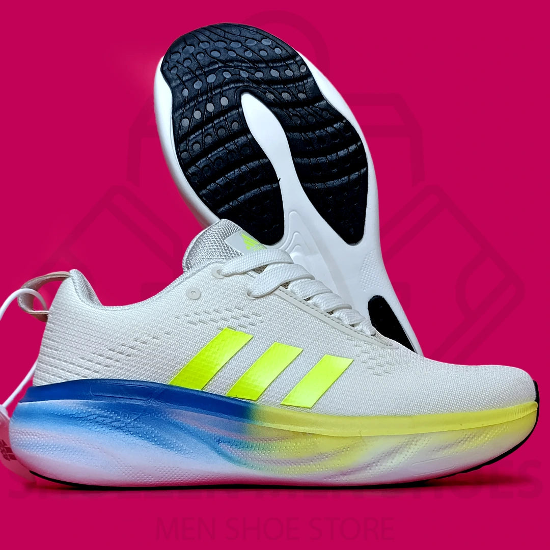 ADI SUPERNOVA JOGGERS - SHOEZEN MEN SHOES - White athletic shoe with yellow stripes on a pink background