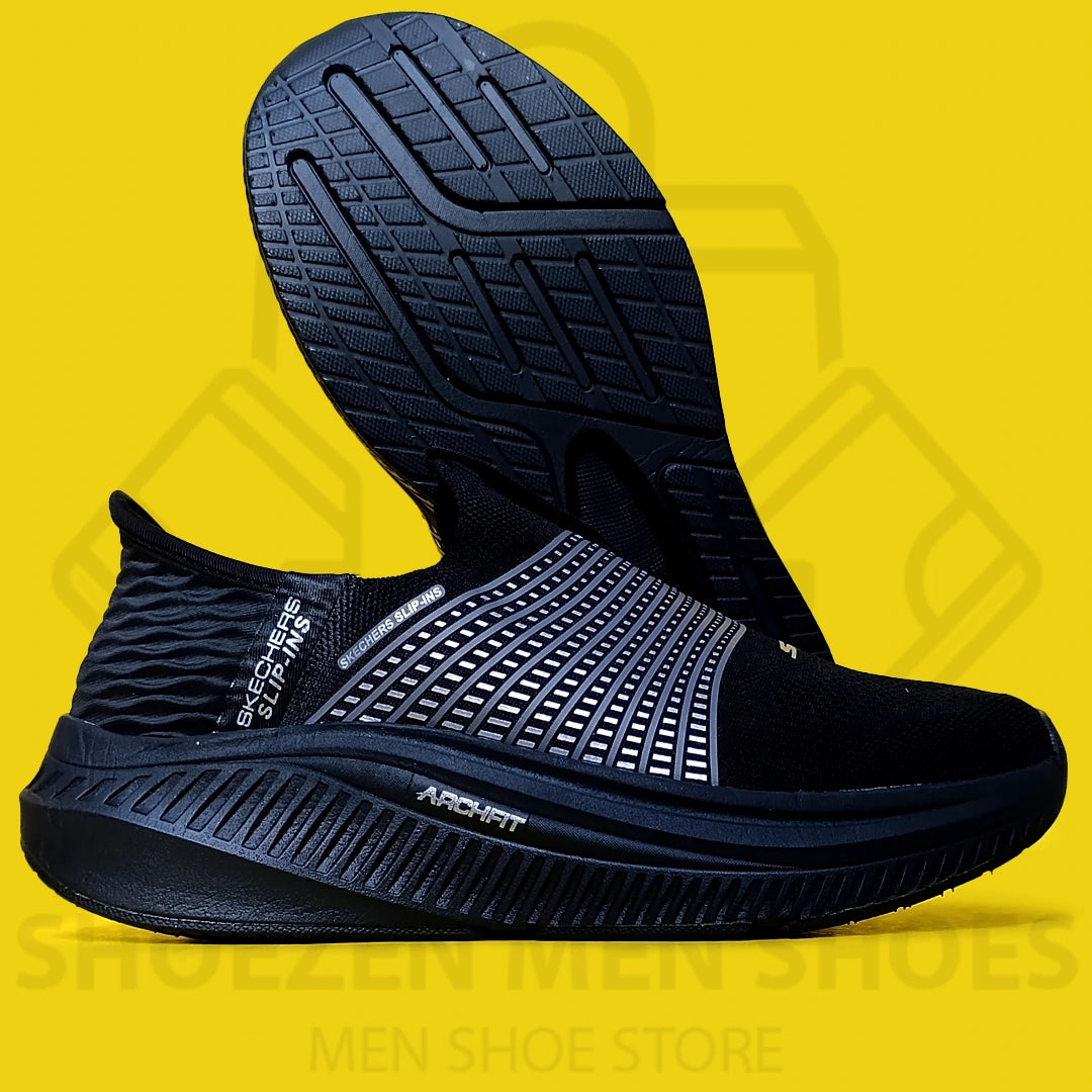 ARCHFIT SLIP-INS SKECHERS  - SHOEZEN MEN SHOES - Black athletic shoe on a yellow background with 'Skechers' branding.