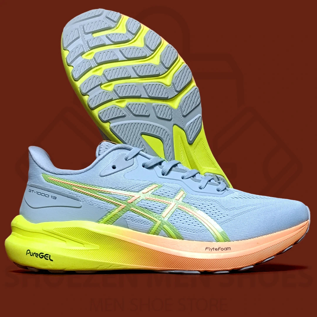 ASICS GEL "GT-1000" JOGGERS - SHOEZEN MEN SHOES - Blue and yellow running shoe with 'PureGEL' branding on a brown background