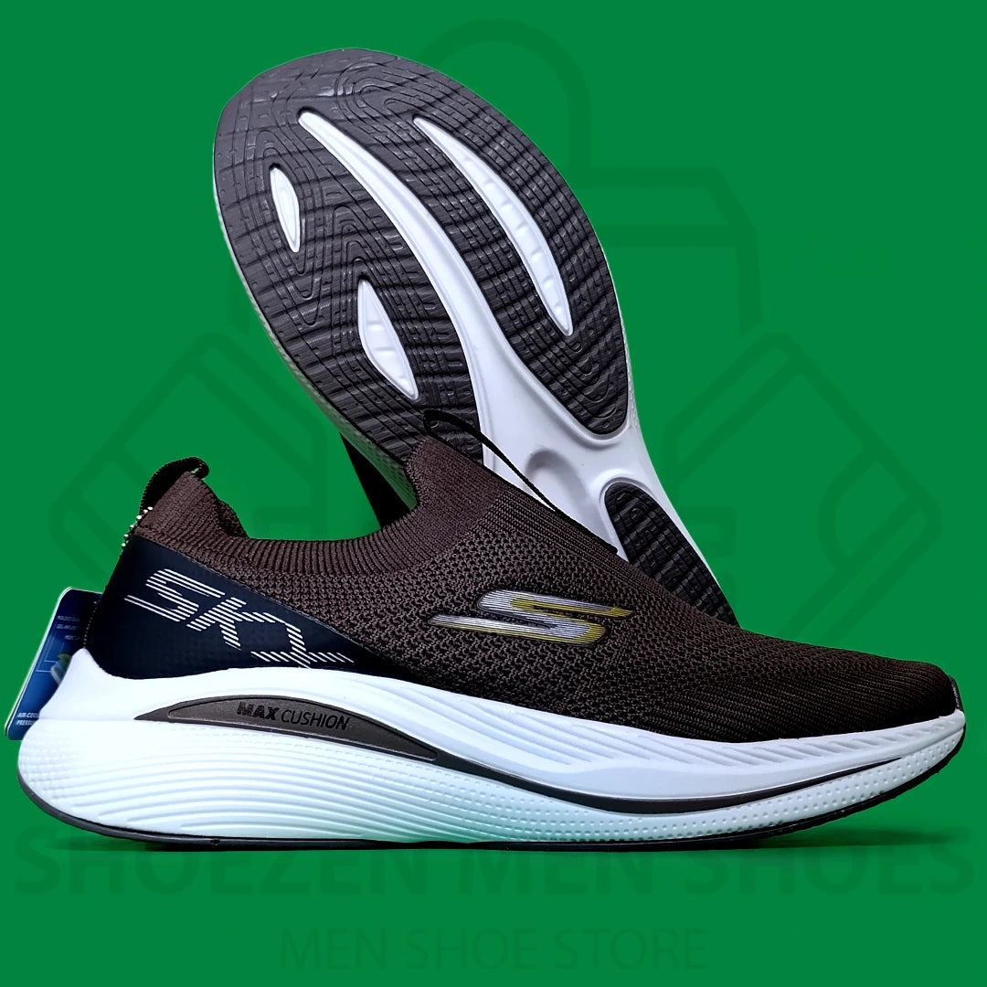 MAX CUSHION SKY SKECHERS - SHOEZEN MEN SHOES - Black and brown running shoe with white sole on a green background