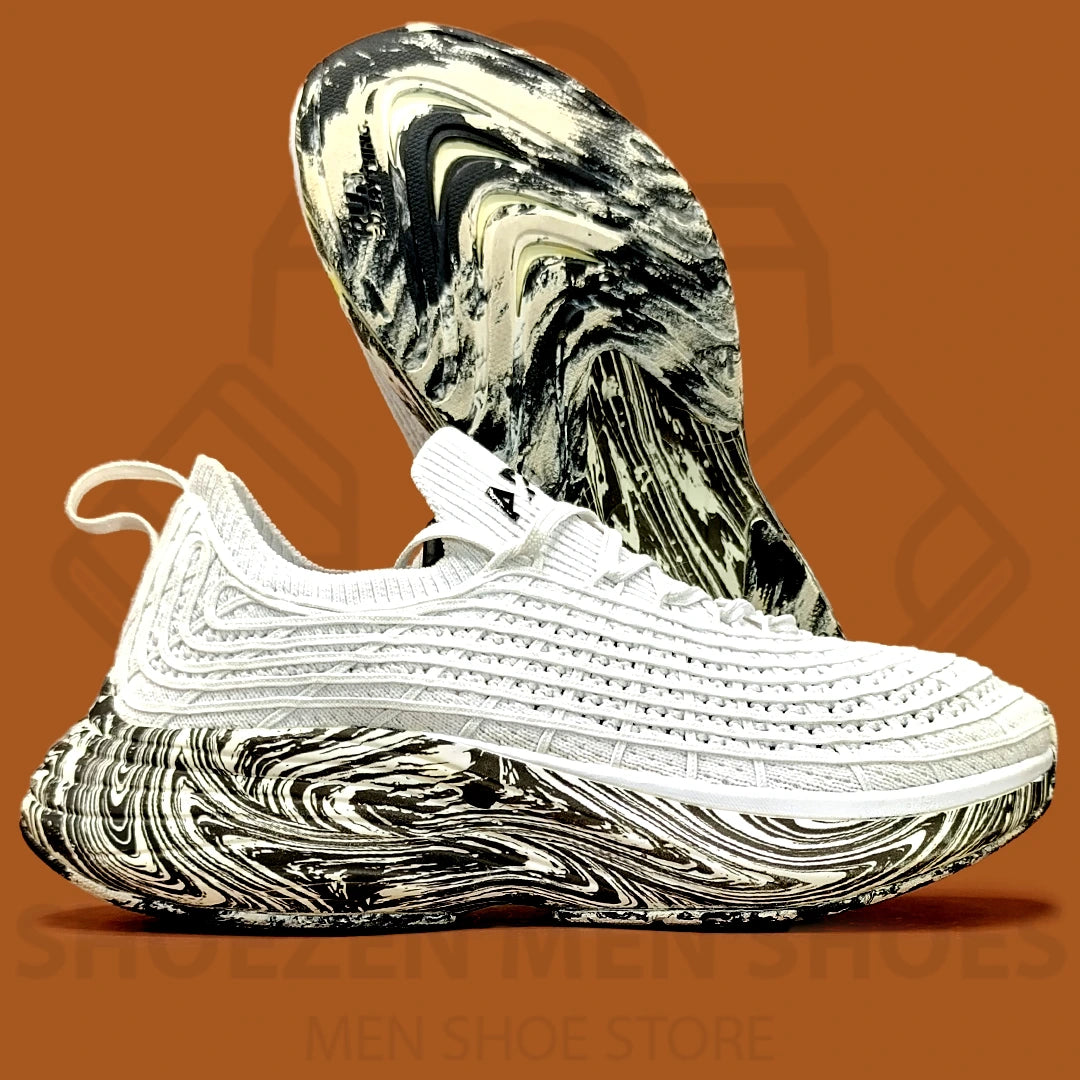 Men's TechLoom Zipline Joggers - Shoezen Men Shoes - White sneaker with black and gray abstract pattern on a brown background