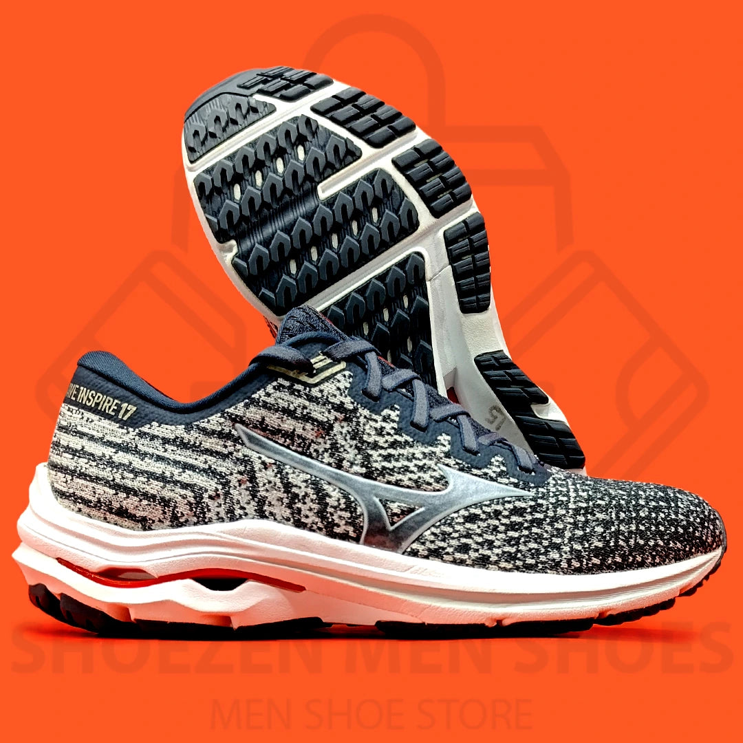 Mizuno Wave Inspire 17 WAVEKNIT Joggers - Shoezen Men Shoes - Gray and black running shoe with white sole on an orange background