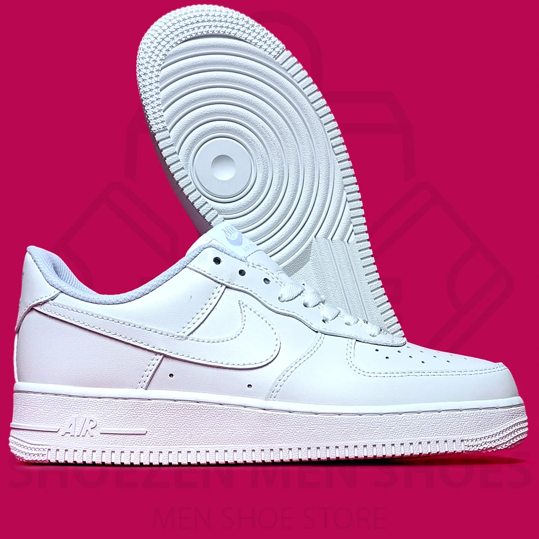 NK AIR FORCE TRIPLE WHITE SNEAKERS  - SHOEZEN MEN SHOES - White sneaker with a pink background