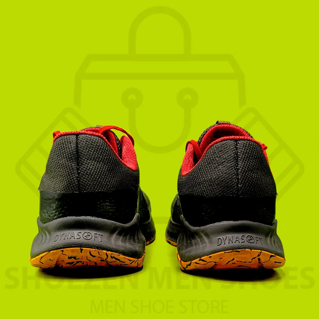 New BalanceDynaSoft Nitrel v5 'Magnet Marigold' Joggers - Shoezen Men Shoes - Black and red athletic shoe with orange sole on a green background