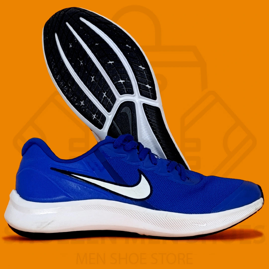 Nk Shoes Casual Star Runner 3 (Gs) Joggers - Shoezen Men Shoes - Blue running shoe with a white sole on an orange background