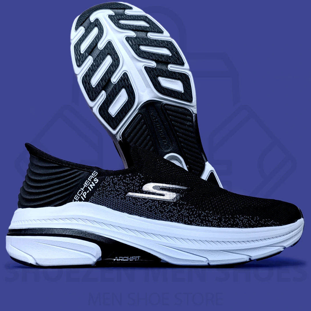 TRENDY ARCHFIT SKECHERS - SHOEZEN MEN SHOES - Black and white running shoe with visible brand logo on a blue background