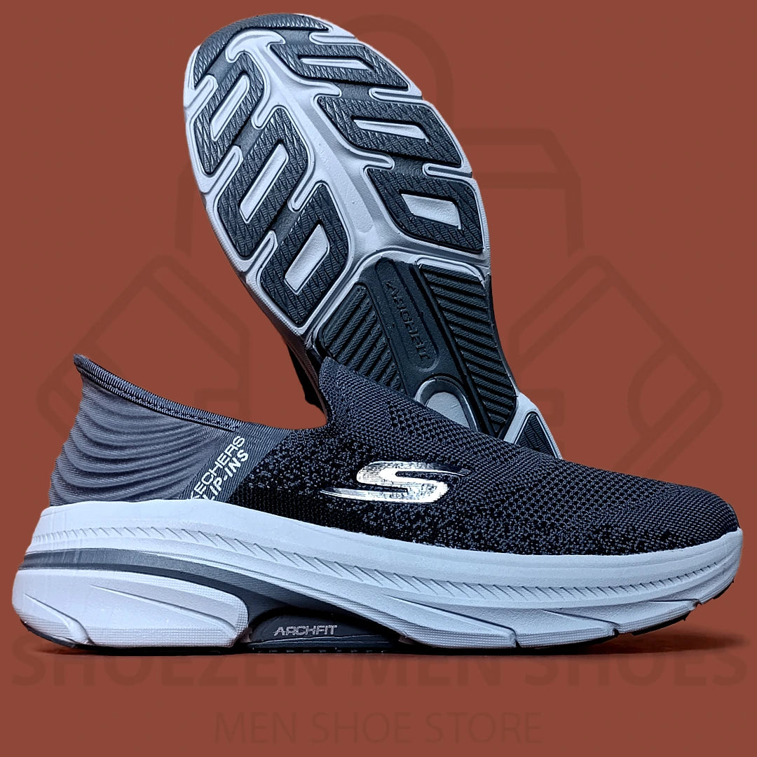 TRENDY ARCHFIT SKECHERS - SHOEZEN MEN SHOES - Navy running shoe with white sole on a brown background