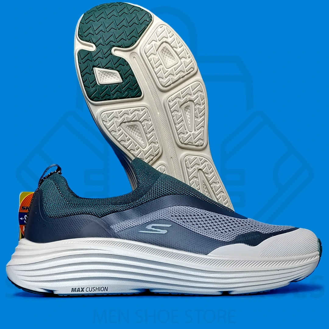 TRENDY MAX CUSHION SKECHERS - SHOEZEN MEN SHOES - Blue running shoe with white sole on a blue background