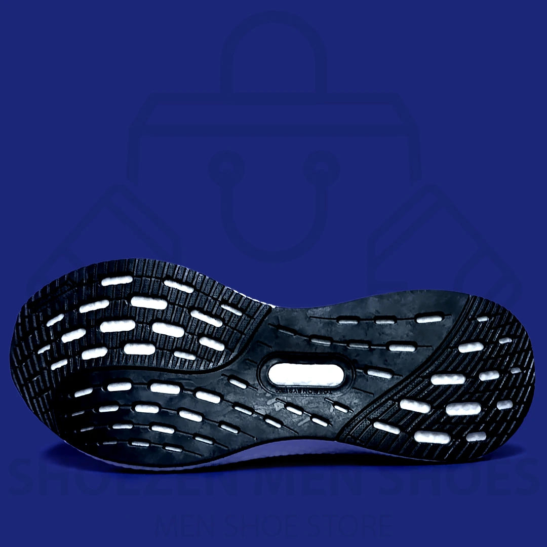 ADIDAS LIGHT BOOST JOGGERS  - SHOEZEN MEN SHOES - White Adidas running shoe with black sole on a blue background