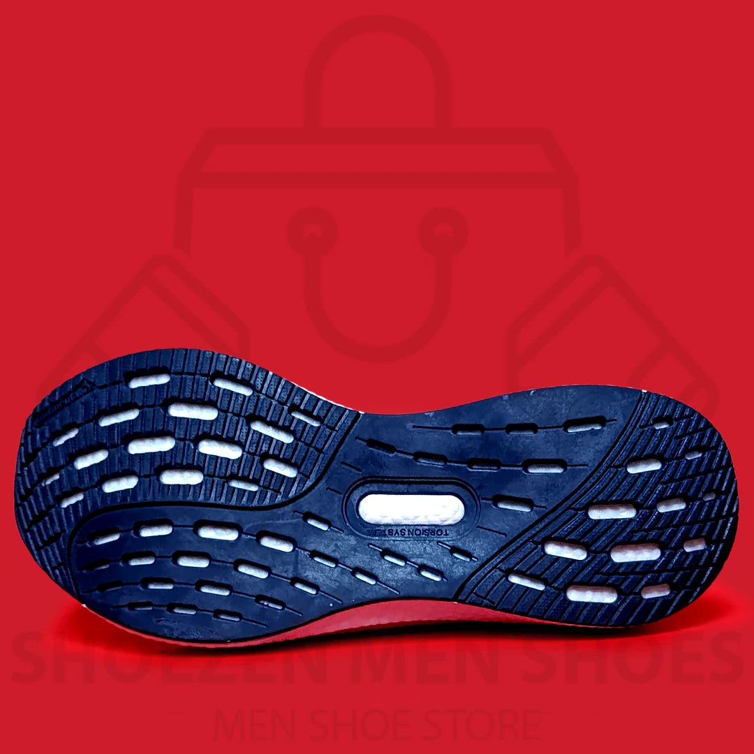 ADI LIGHT BOOST JOGGERS - SHOEZEN MEN SHOES - Navy blue running shoe with white sole on a red background