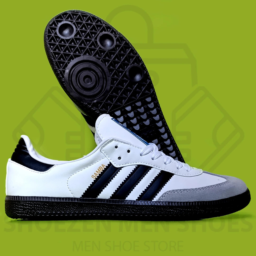 ADI SAMBA OG SNEAKERS - SHOEZEN MEN SHOES - White Adidas sneaker with black stripes and sole on a green background