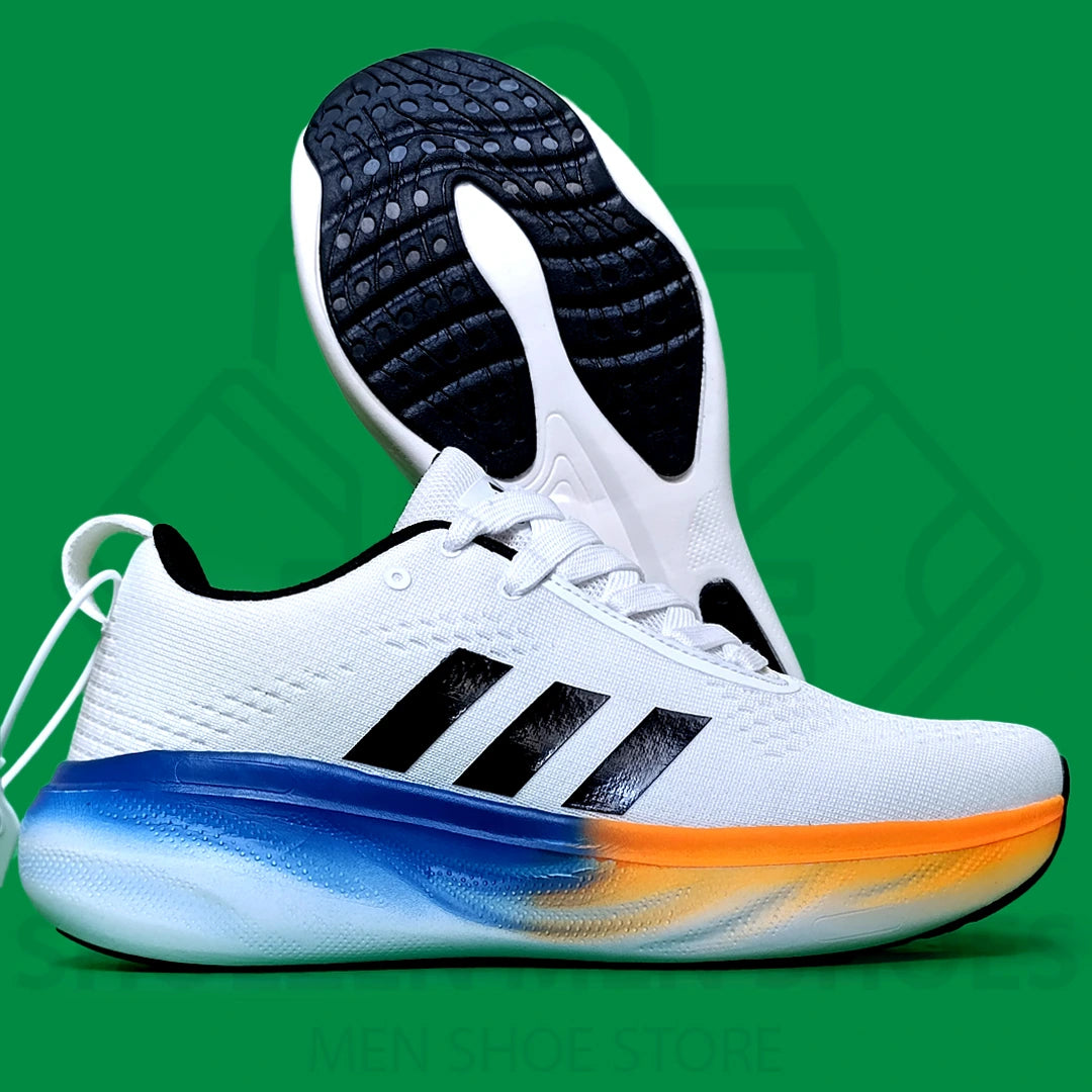 ADI SUPERNOVA JOGGERS - SHOEZEN MEN SHOES - White sneaker with black stripes and colorful sole on a green background