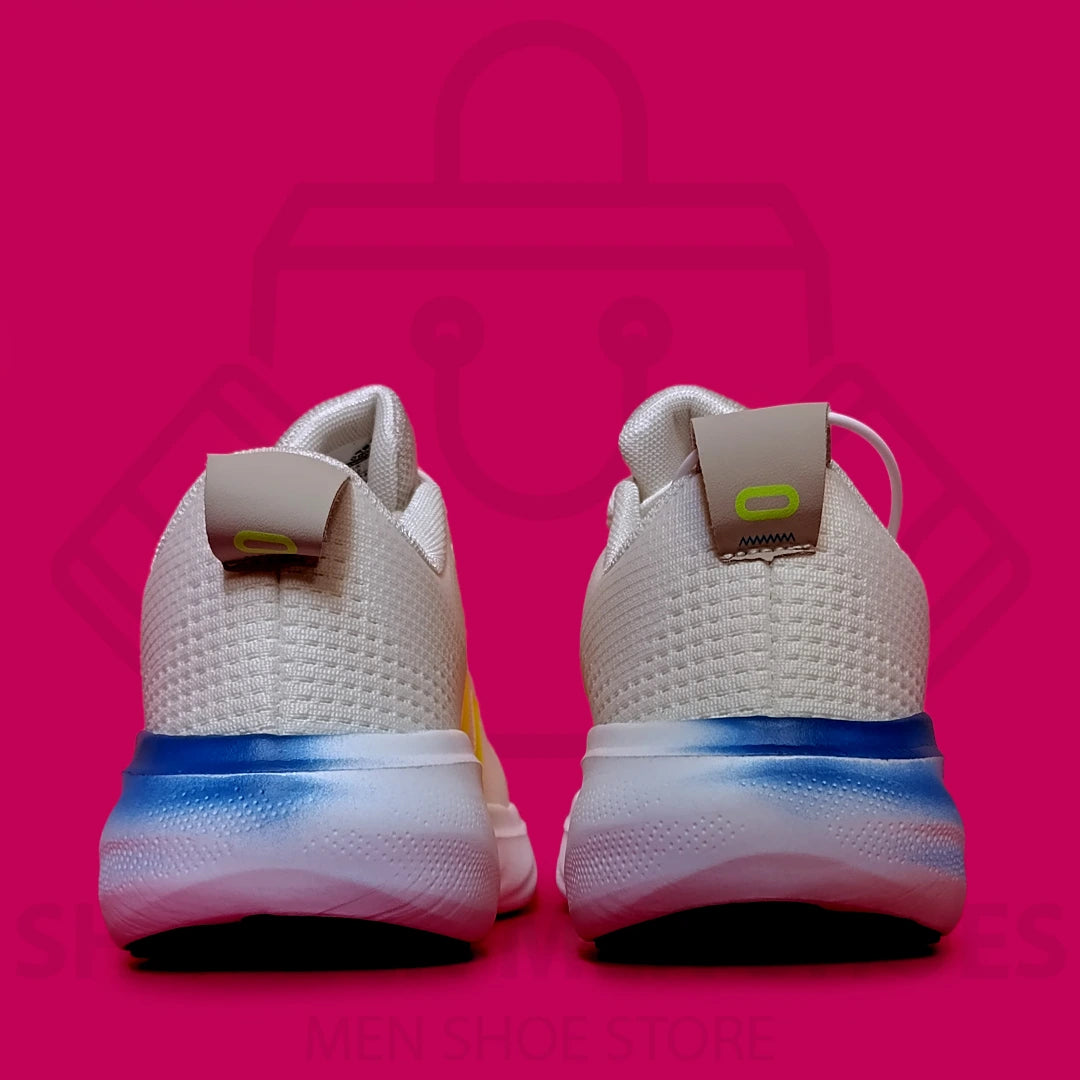 ADI SUPERNOVA JOGGERS - SHOEZEN MEN SHOES - White athletic shoe with yellow stripes on a pink background