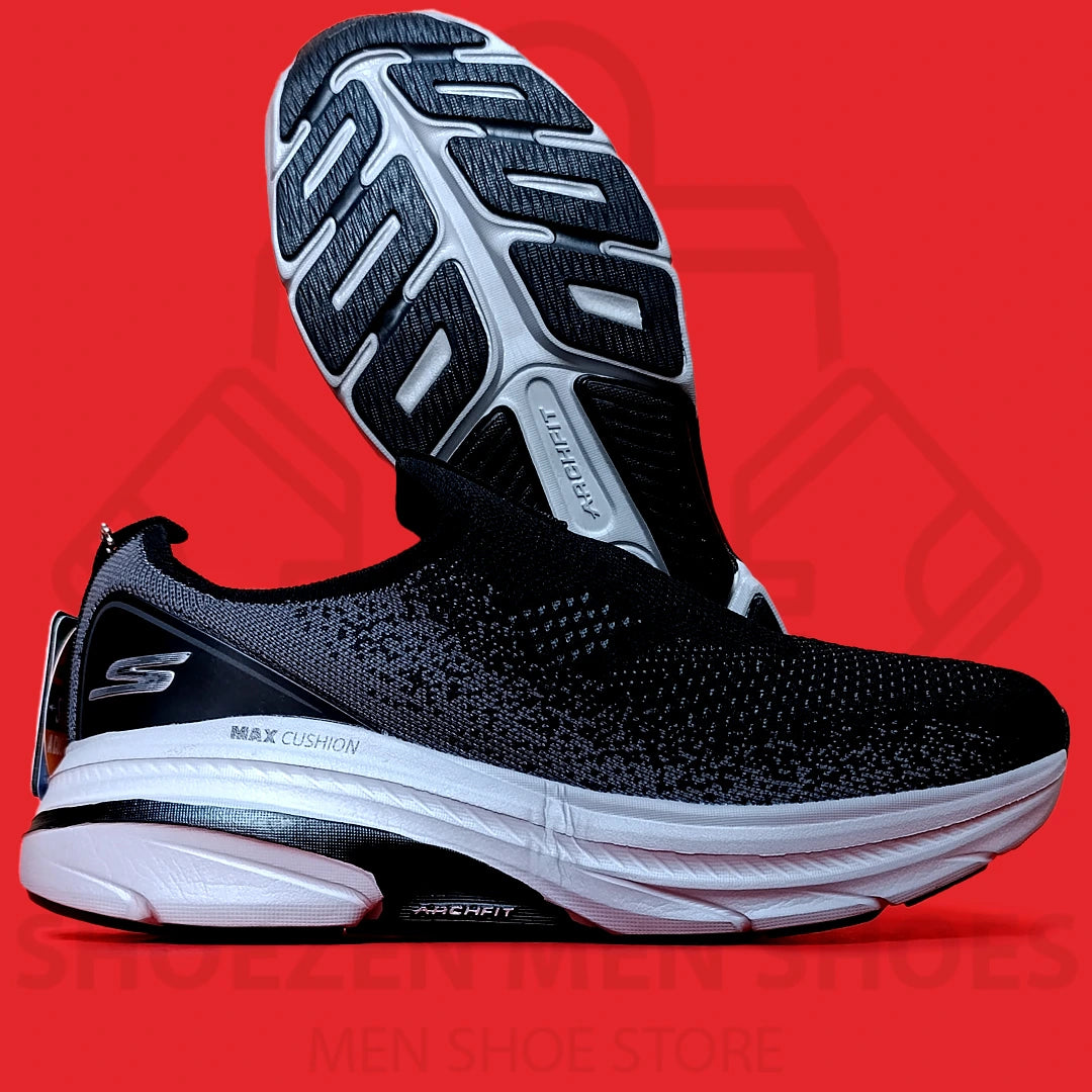 ARCHFIT MAX CUSHION SKECHERS - SHOEZEN MEN SHOES - Black running shoe with white sole on a red background