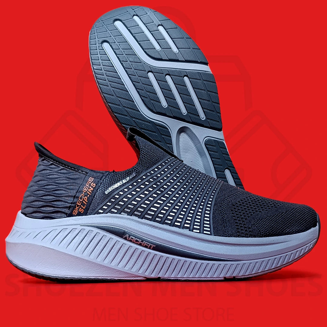 ARCHFIT SLIP-INS SKECHERS  - SHOEZEN MEN SHOES - Navy running shoe with white sole on a red background