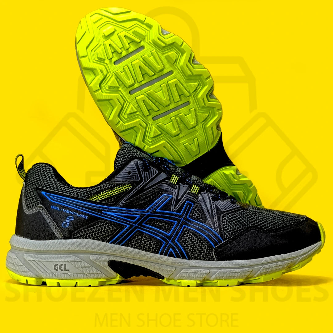 ASCIS GEL-VENTURE 8 Joggers - Shoezen Men Shoes - Black and blue running shoe with yellow sole on a yellow background