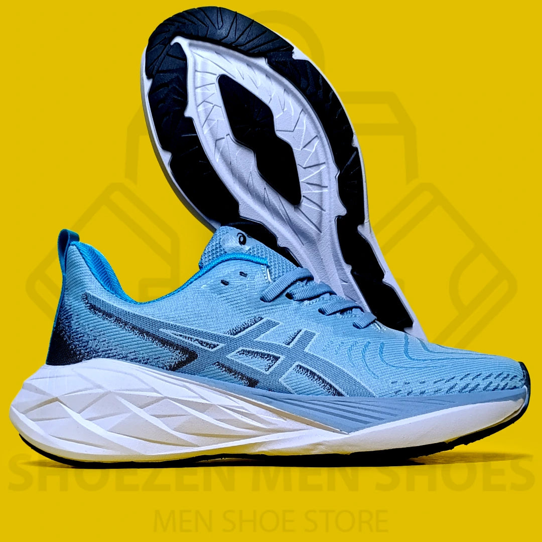 ASCIS NOVABLAST 4 JOGGERS  - SHOEZEN MEN SHOES - Blue running shoe with white sole on a yellow background