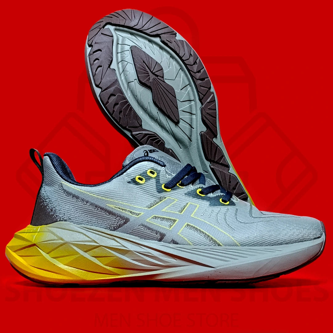 ASCIS NOVABLAST 4 JOGGERS  - SHOEZEN MEN SHOES - Gray running shoe with yellow sole on a red background