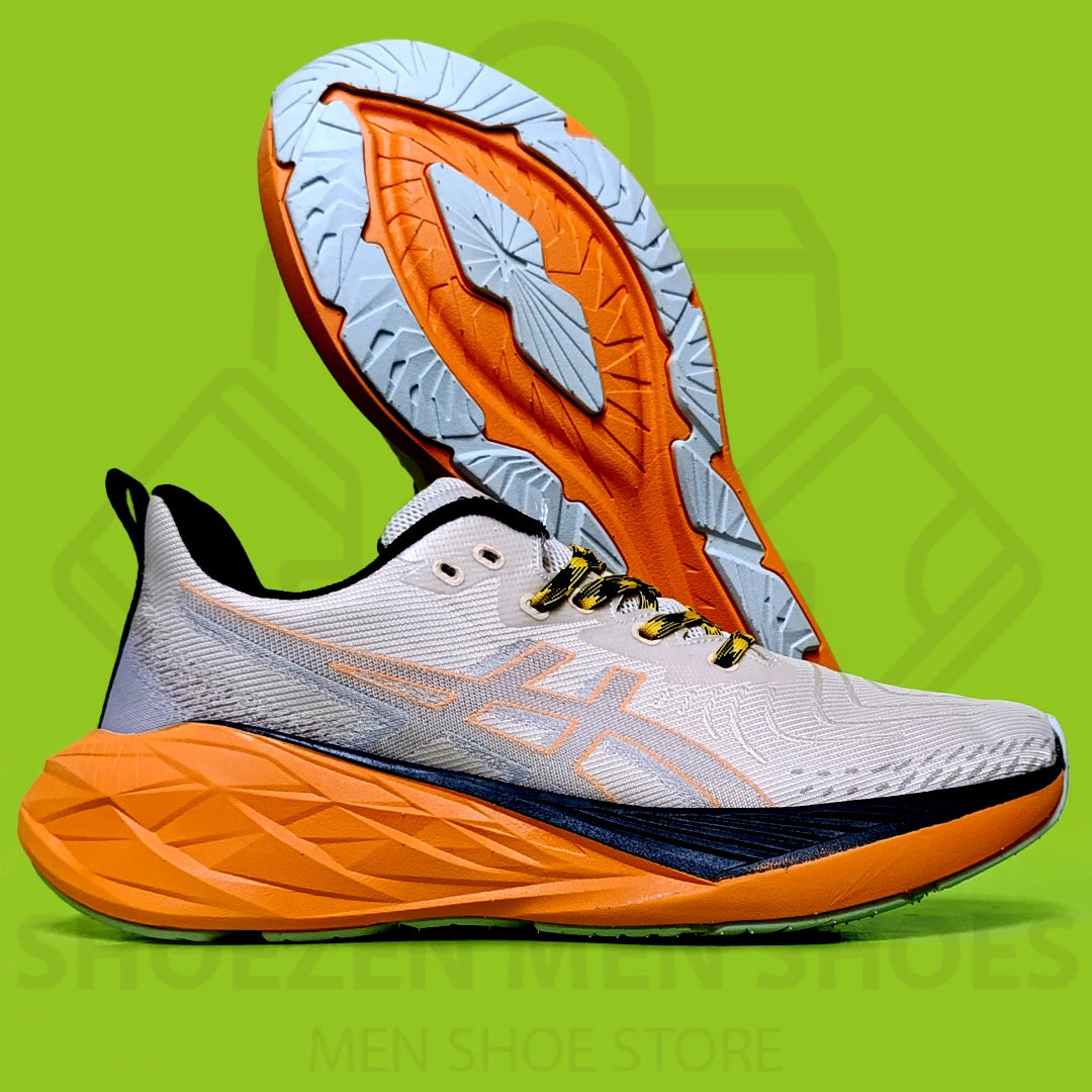 ASCIS NOVABLAST 4 JOGGERS  - SHOEZEN MEN SHOES - White and orange running shoe on a green background with 'Men Shoe Store' text.