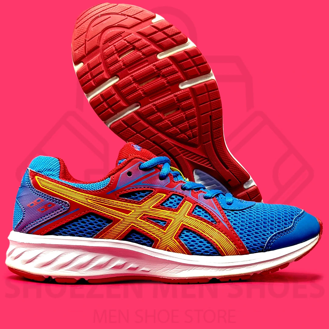 ASICS Jolt 2 Running Athletic Shoes - Shoezen Men Shoes - Blue and red running shoes on a pink background