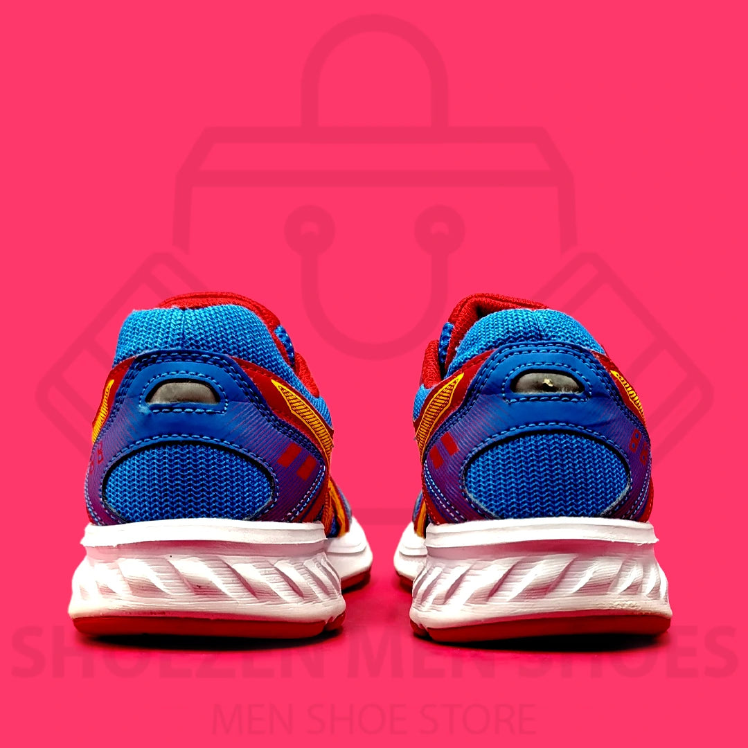 ASICS Jolt 2 Running Athletic Shoes - Shoezen Men Shoes - Blue and red running shoes on a pink background
