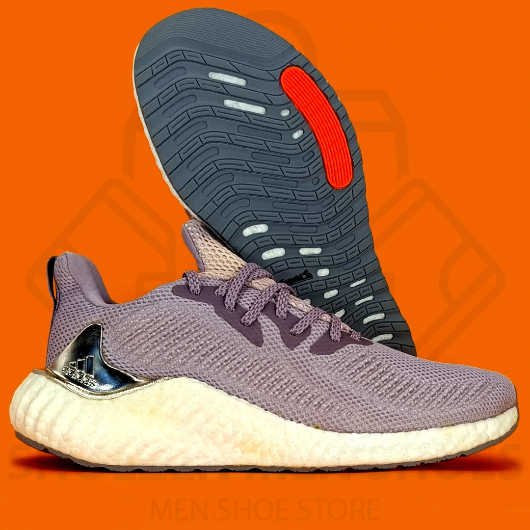 Adidas Alphaboost Joggers - Shoezen Men Shoes - Purple and gray sneaker with a red sole on an orange background