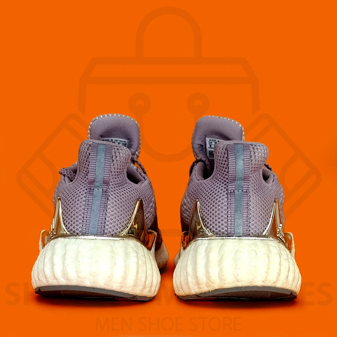 Adidas Alphaboost Joggers - Shoezen Men Shoes - Purple and gray sneaker with a red sole on an orange background