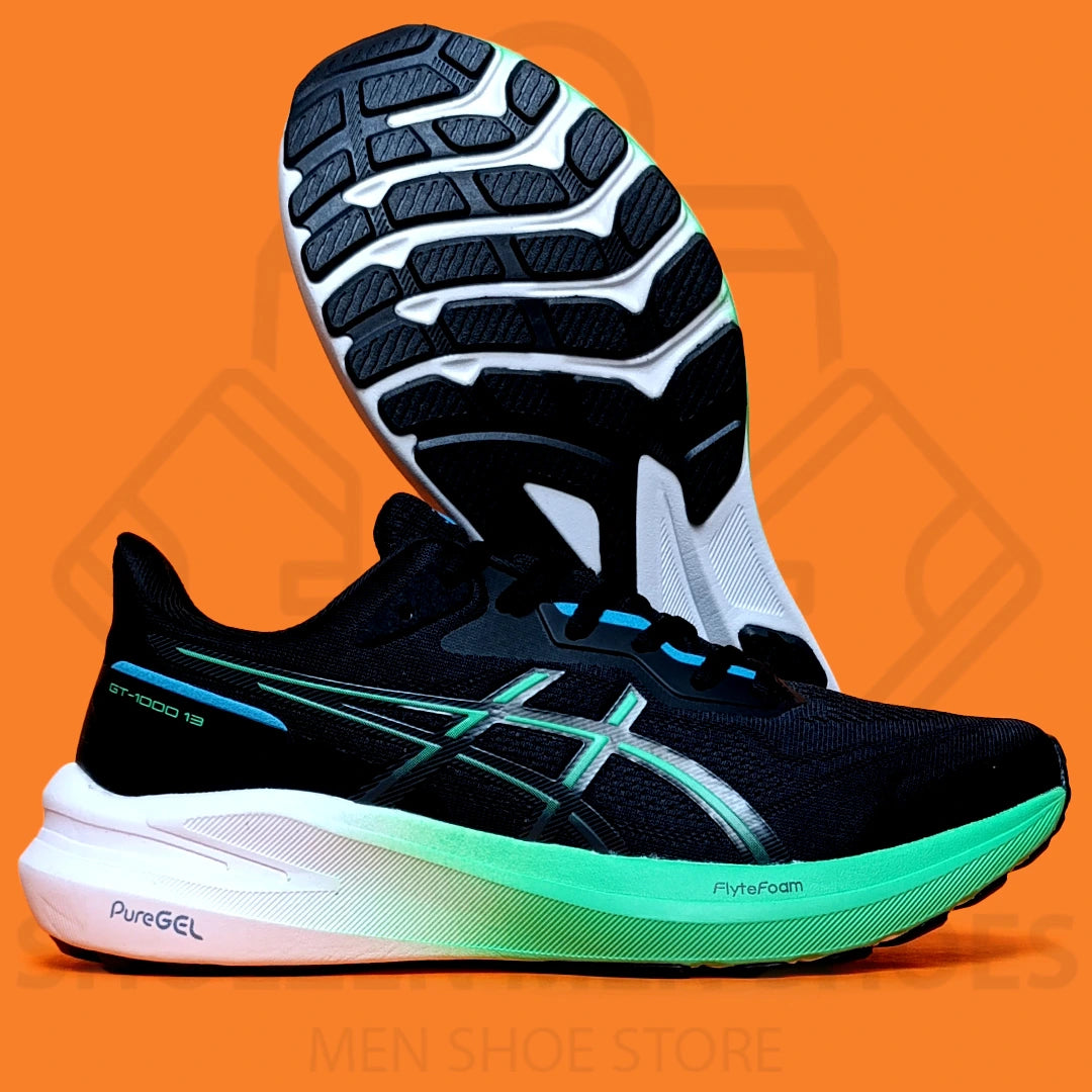 ASICS GEL "GT-1000" JOGGERS - SHOEZEN MEN SHOES - Black running shoe with green sole on an orange background