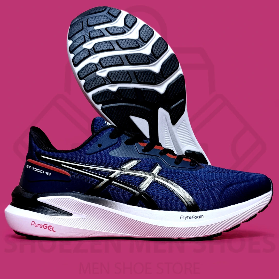 ASICS GEL "GT-1000" JOGGERS - SHOEZEN MEN SHOES - Blue running shoe with white sole on a pink background