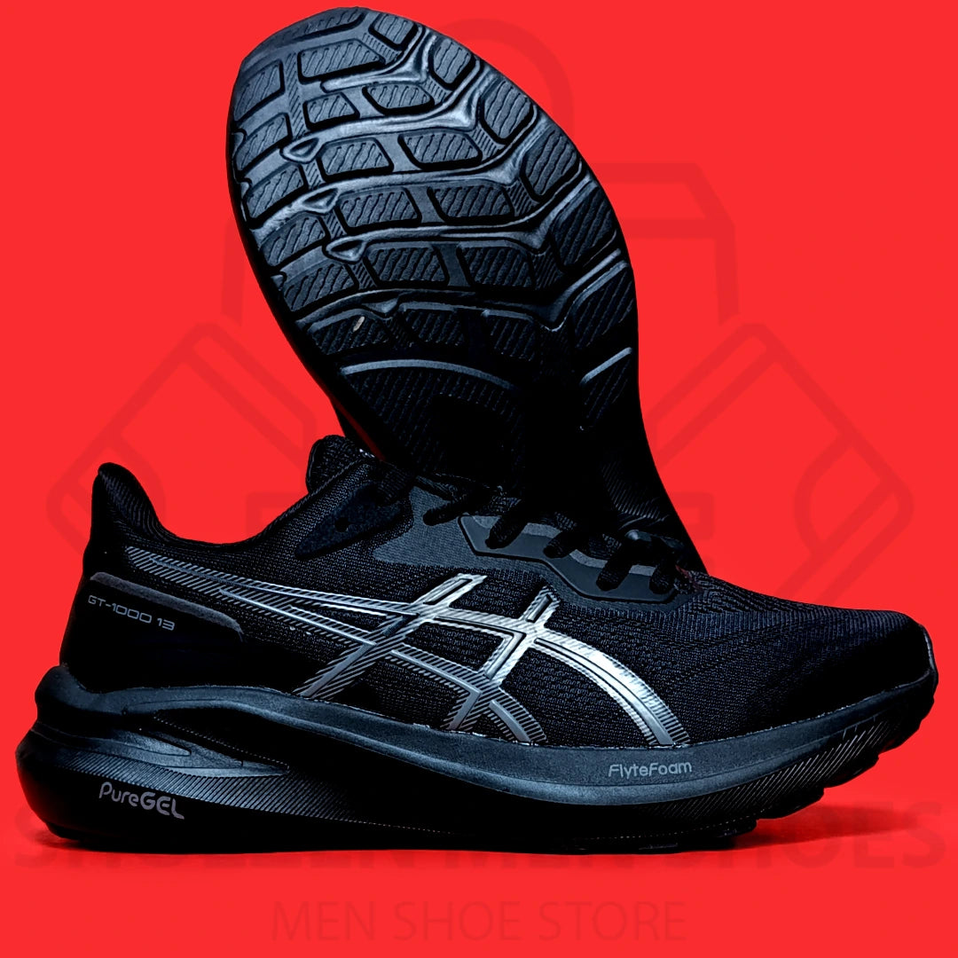 ASICS GEL "GT-1000" JOGGERS - SHOEZEN MEN SHOES - Black running shoe with white accents on a red background