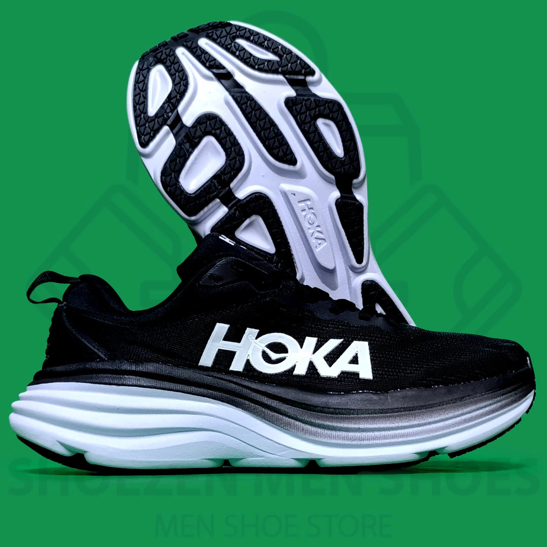 HOKA BONDI 8 JOGGERS - SHOEZEN MEN SHOES - Black Hoka running shoe on a green background