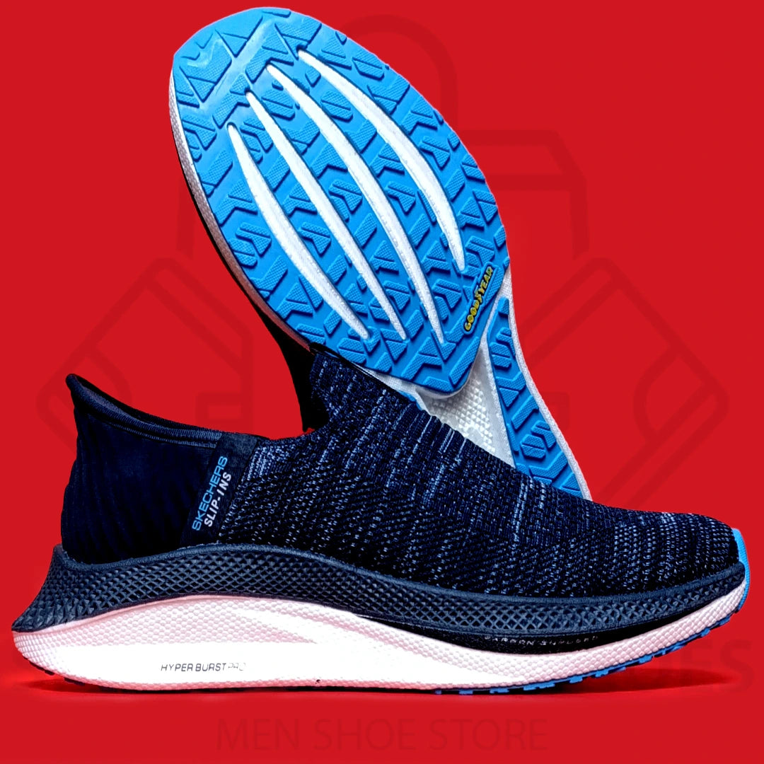 HYPER BURST PRO SLIP-INS SKECHERS - SHOEZEN MEN SHOES - Blue running shoe with a red background