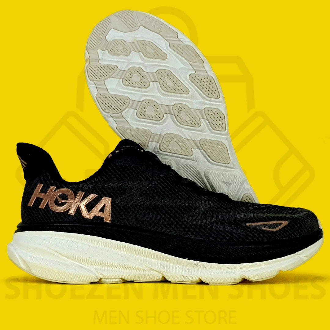 Hoka Clifton 9 Running Jogger - Shoezen Men Shoes - Black Hoka running shoe on a yellow background
