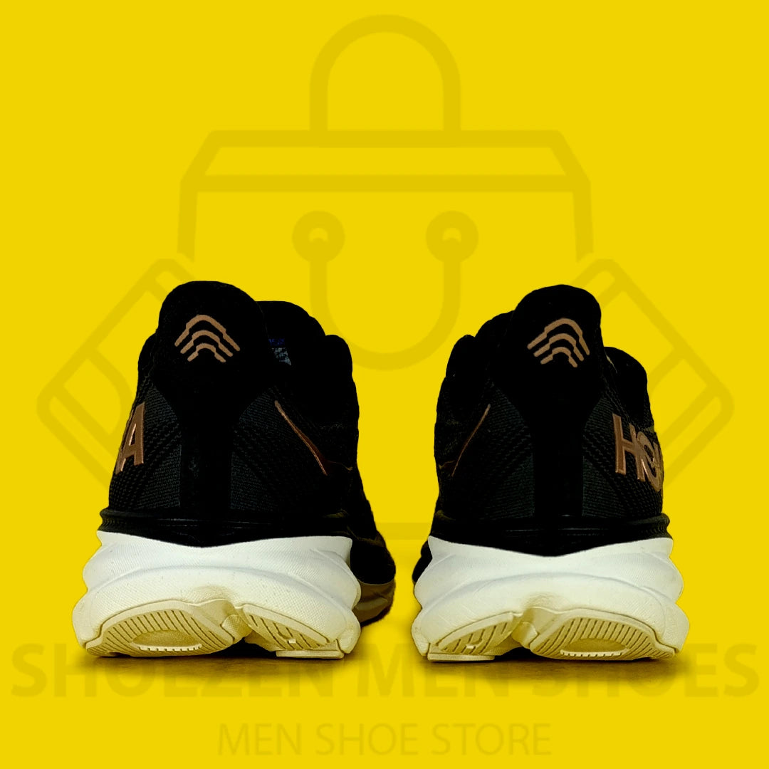 Hoka Clifton 9 Running Jogger - Shoezen Men Shoes - Black Hoka running shoe on a yellow background
