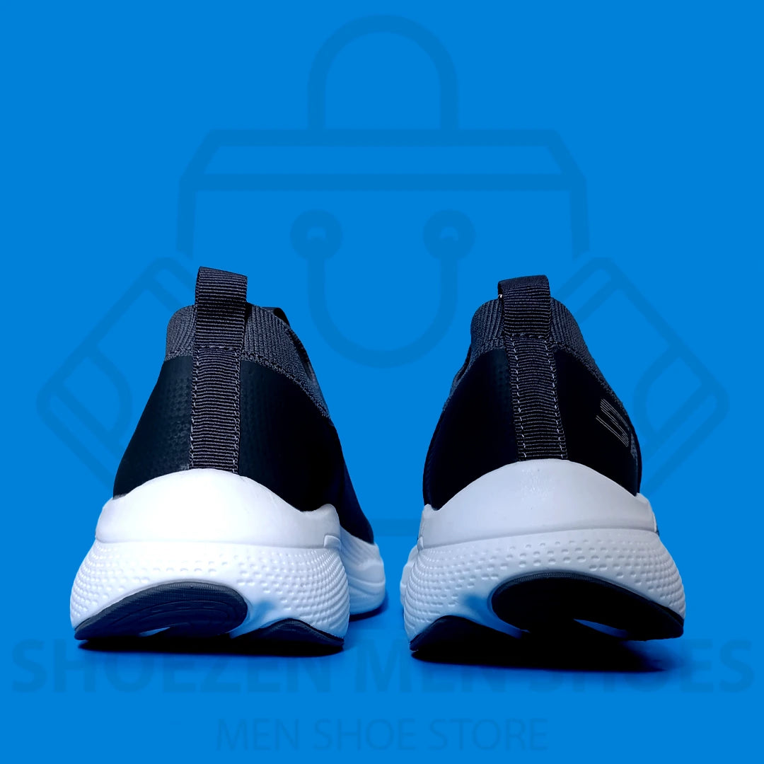 MAX CUSHION SKY SKECHERS - SHOEZEN MEN SHOES - Black and white running shoe with 'SKECHERS' branding on a blue background