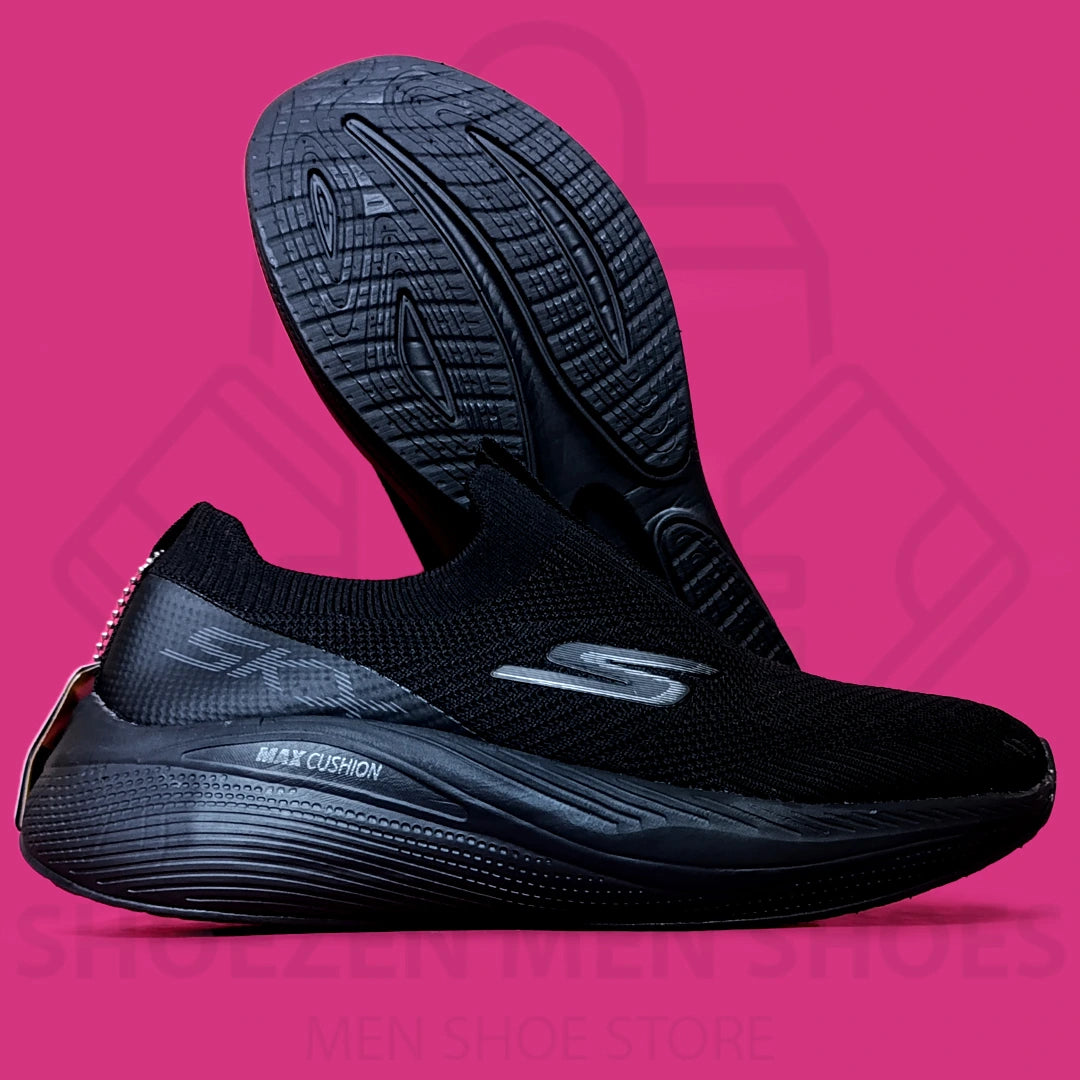 MAX CUSHION SKY SKECHERS - SHOEZEN MEN SHOES - Black athletic shoes with 'MAX CUSHION' on a pink background