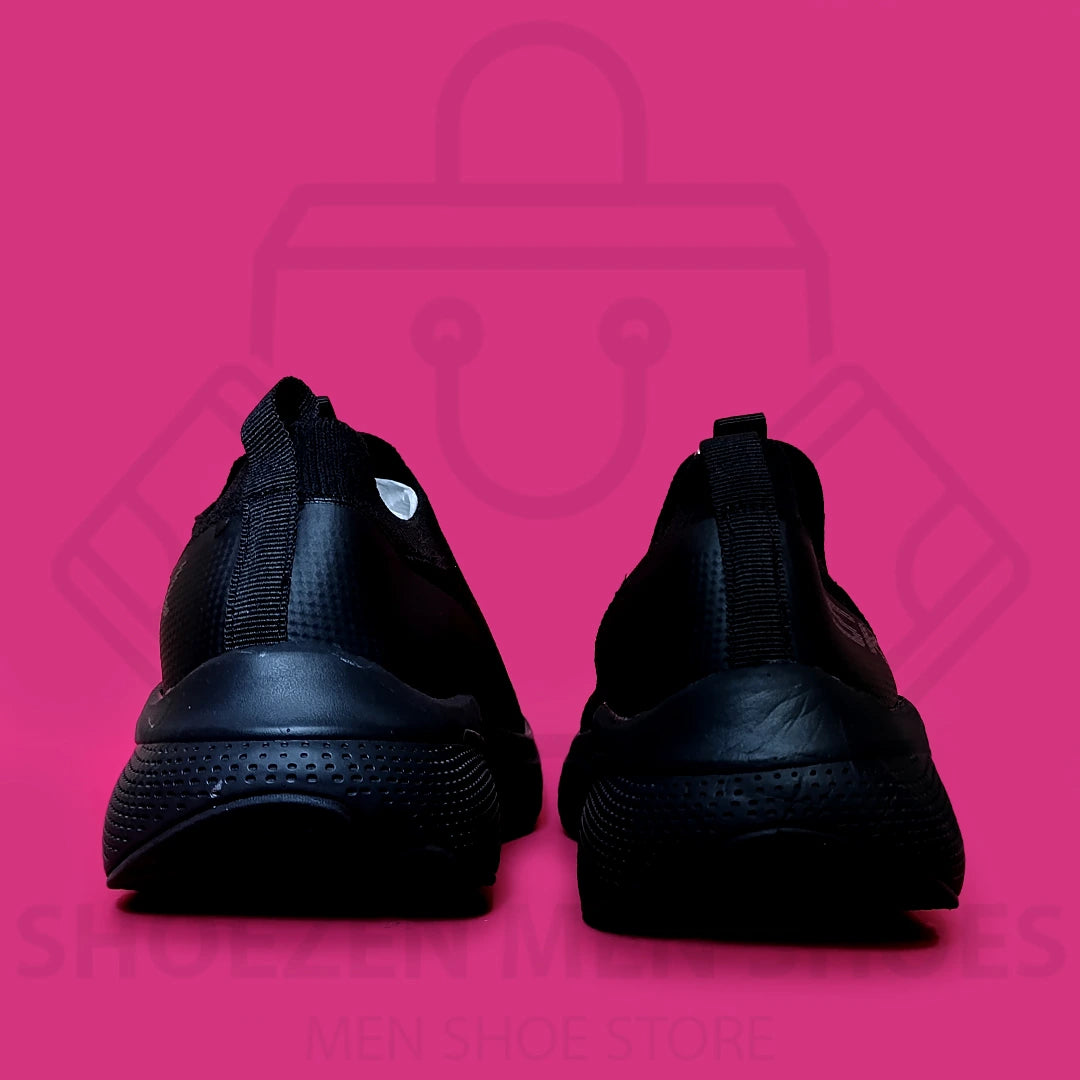 MAX CUSHION SKY SKECHERS - SHOEZEN MEN SHOES - Black athletic shoes with 'MAX CUSHION' on a pink background