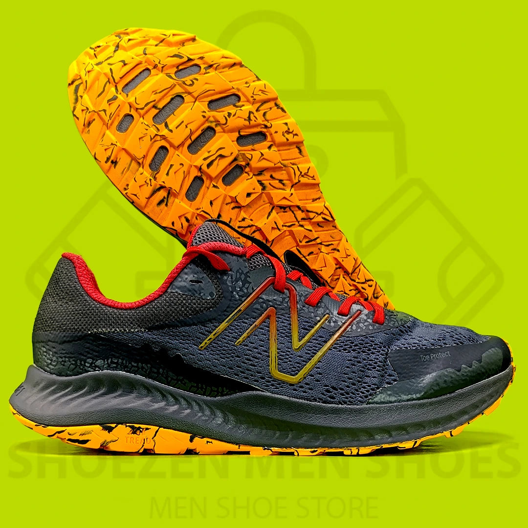 New BalanceDynaSoft Nitrel v5 'Magnet Marigold' Joggers - Shoezen Men Shoes - Black and red athletic shoe with orange sole on a green background
