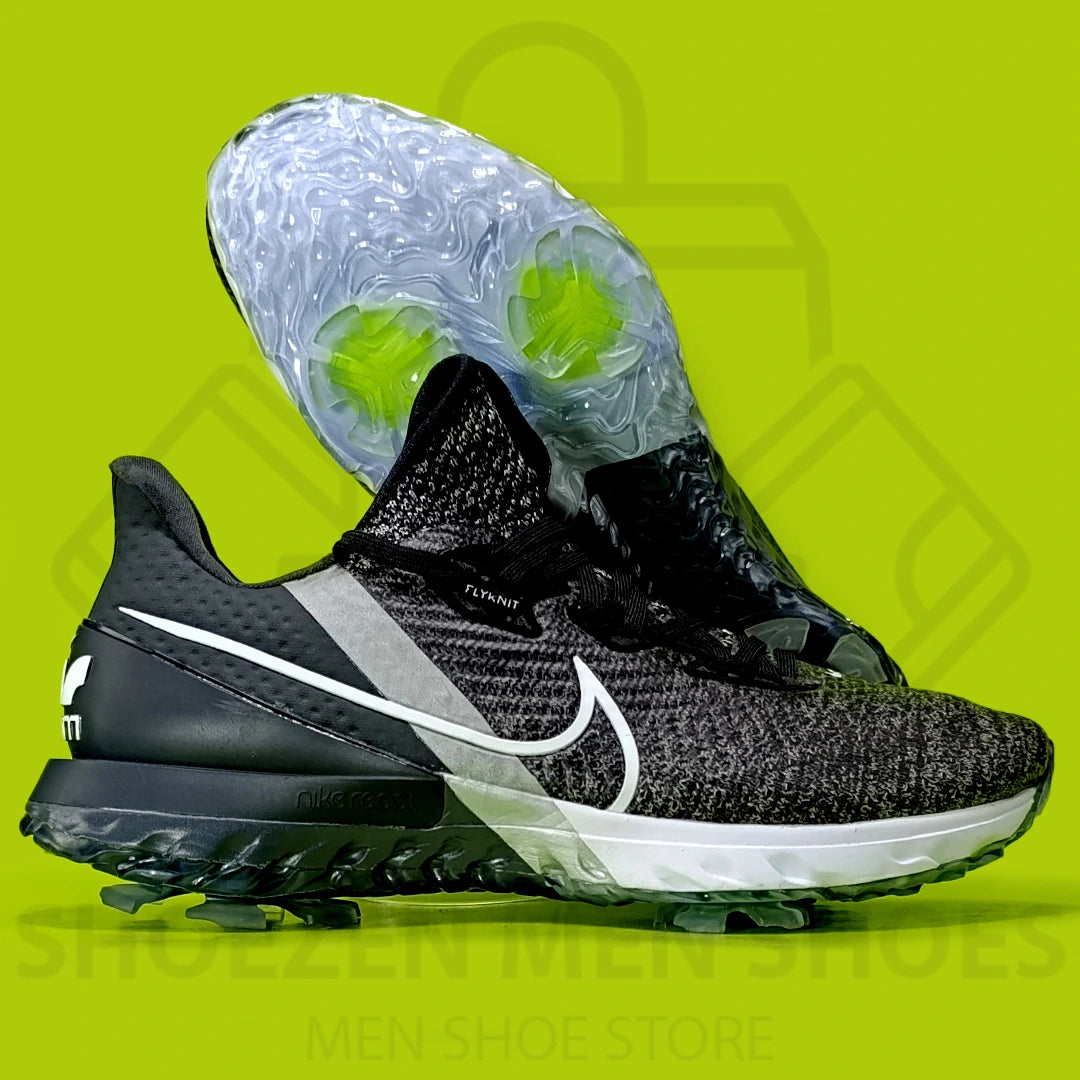 Nike Air Zoom Infinity Tour Golf Shoes - Shoezen Men Shoes - Black and white athletic shoe with a visible brand logo on a green background