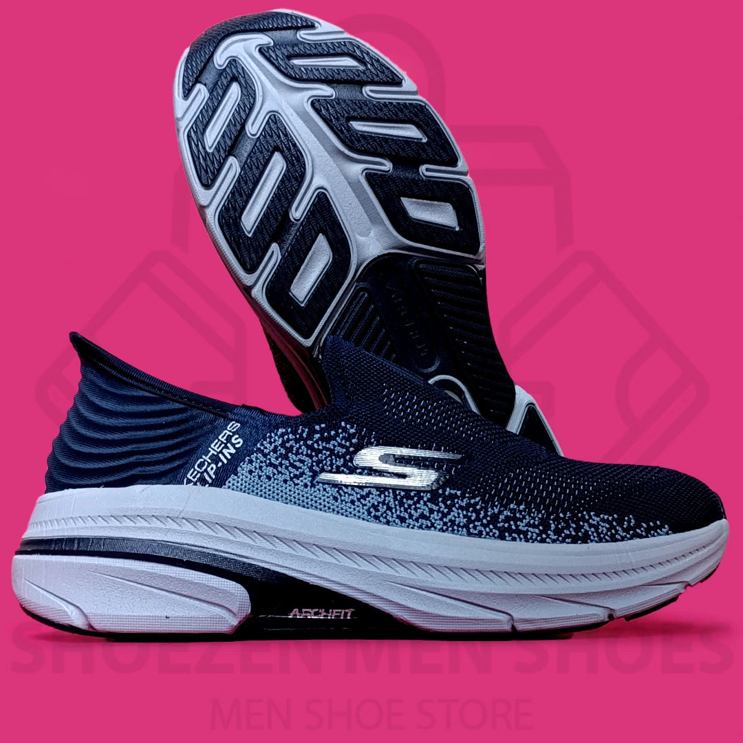 TRENDY ARCHFIT SKECHERS - SHOEZEN MEN SHOES - Navy running shoe with white sole on a pink background