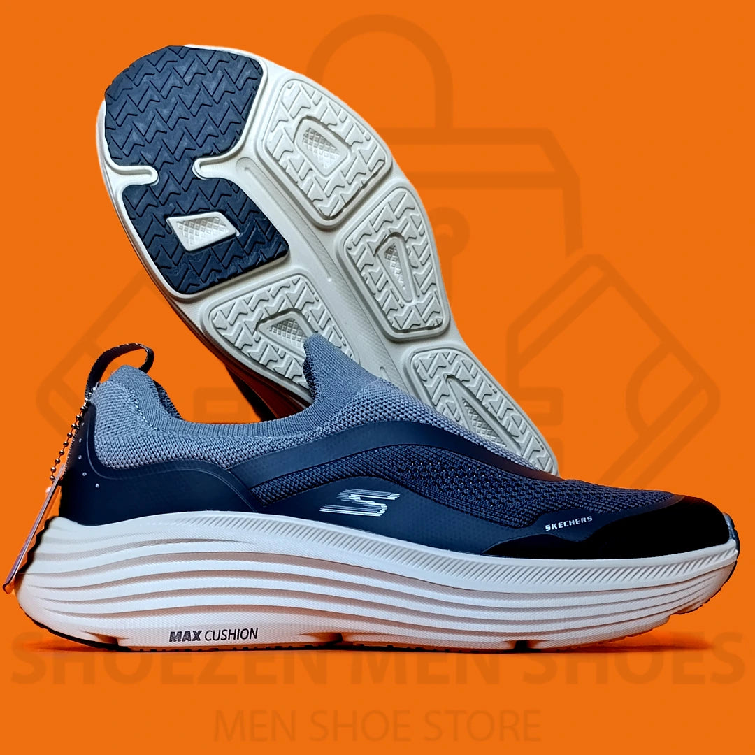 TRENDY MAX CUSHION SKECHERS - SHOEZEN MEN SHOES - Blue and navy running shoe with white sole on an orange background