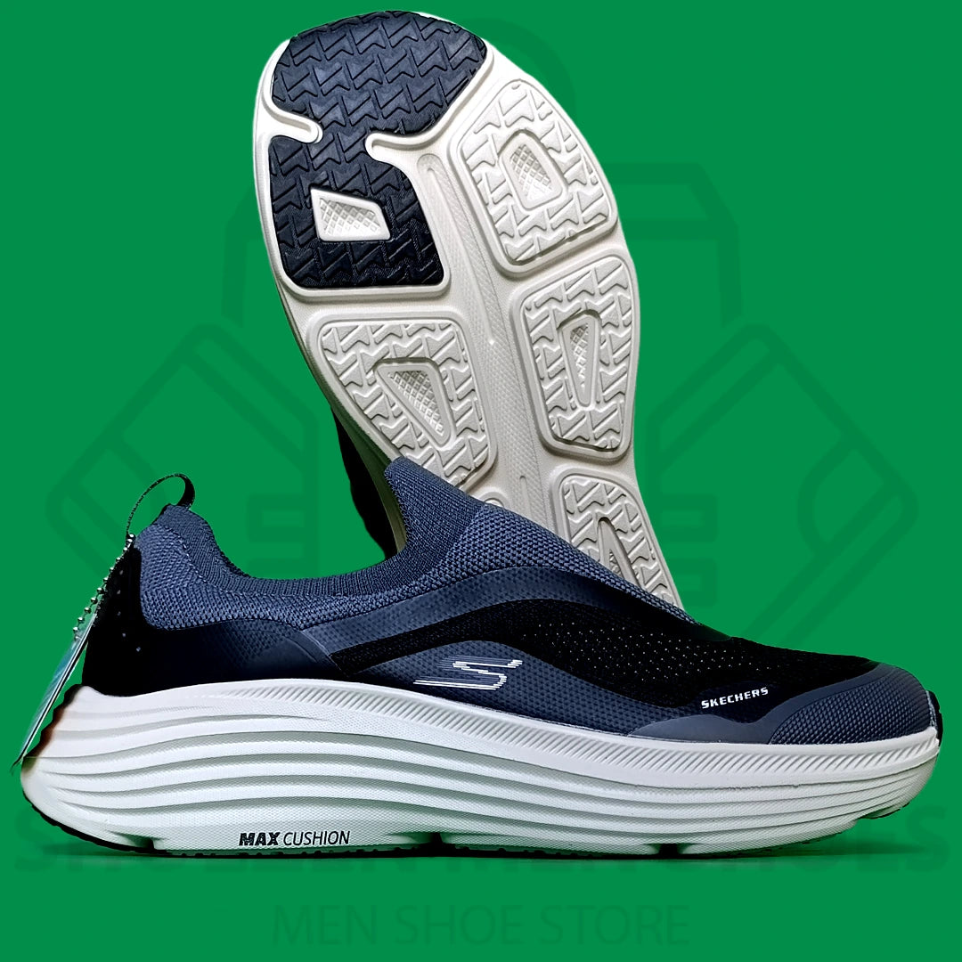TRENDY MAX CUSHION SKECHERS - SHOEZEN MEN SHOES - Navy and black running shoe with white sole on a green background