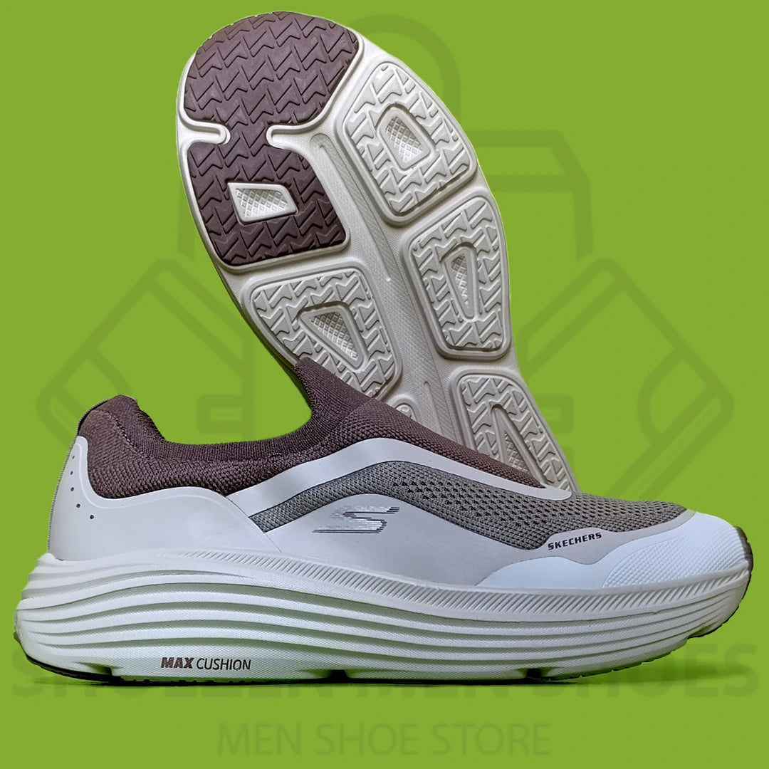 TRENDY MAX CUSHION SKECHERS - SHOEZEN MEN SHOES - Skechers shoe with white sole and brown and gray upper on a green background