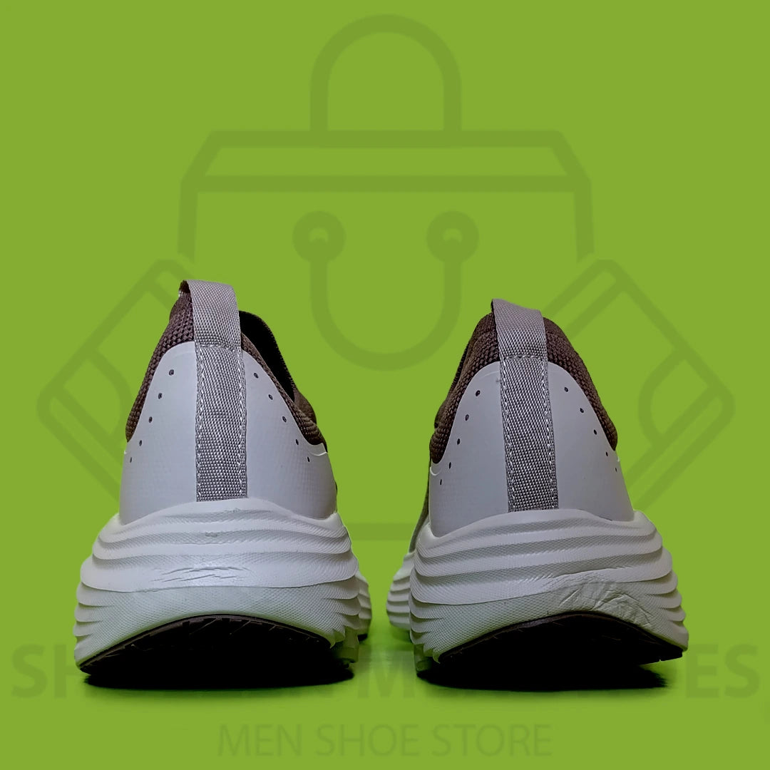 TRENDY MAX CUSHION SKECHERS - SHOEZEN MEN SHOES - Skechers shoe with white sole and brown and gray upper on a green background