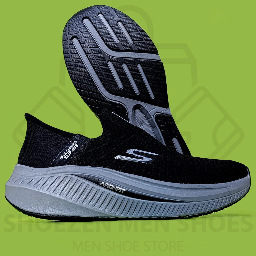 TRENDY SLIP-INS SKECHERS - SHOEZEN MEN SHOES - Black and gray sneaker with 'S' logo on a green background