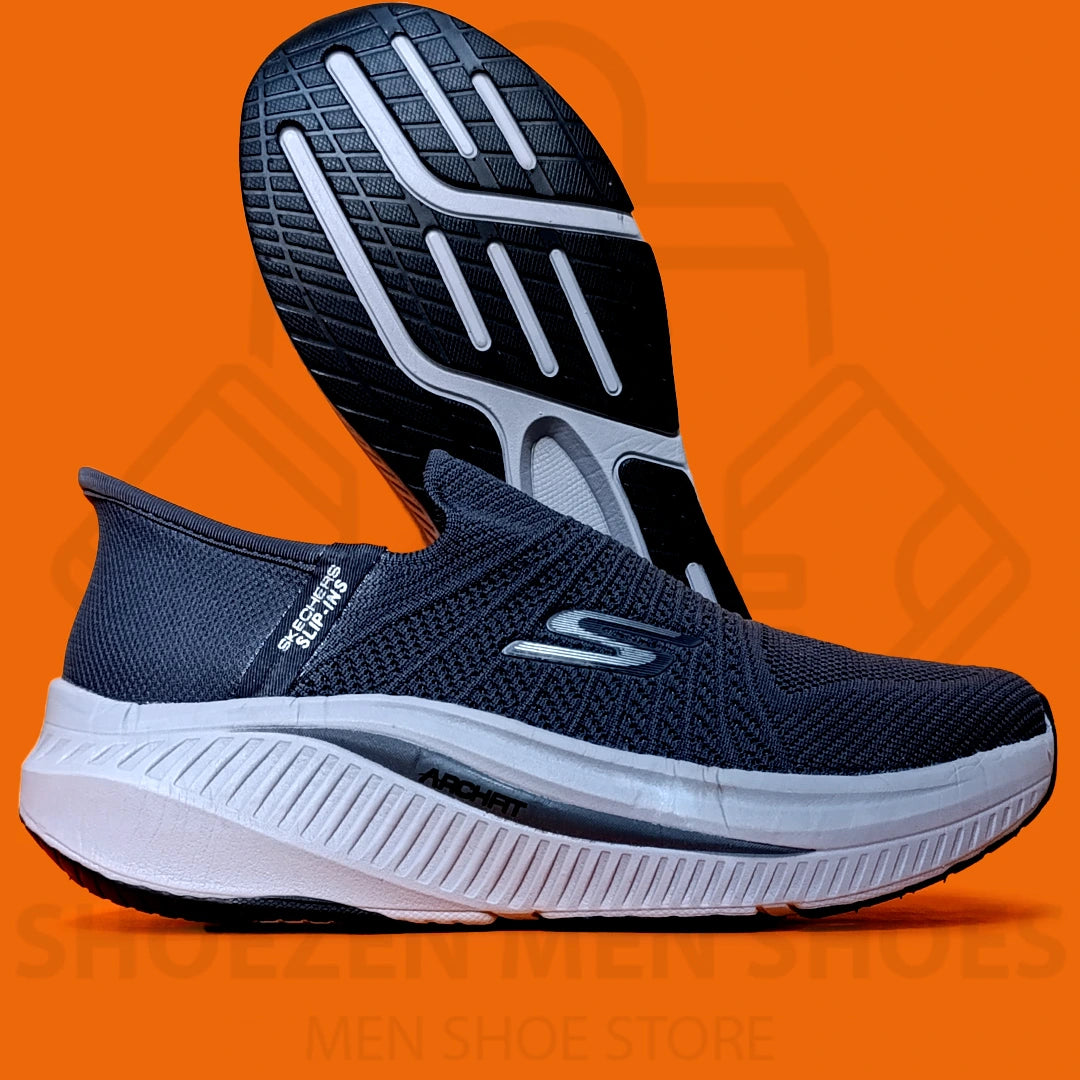 TRENDY SLIP-INS SKECHERS - SHOEZEN MEN SHOES - Navy running shoe with white sole on an orange background