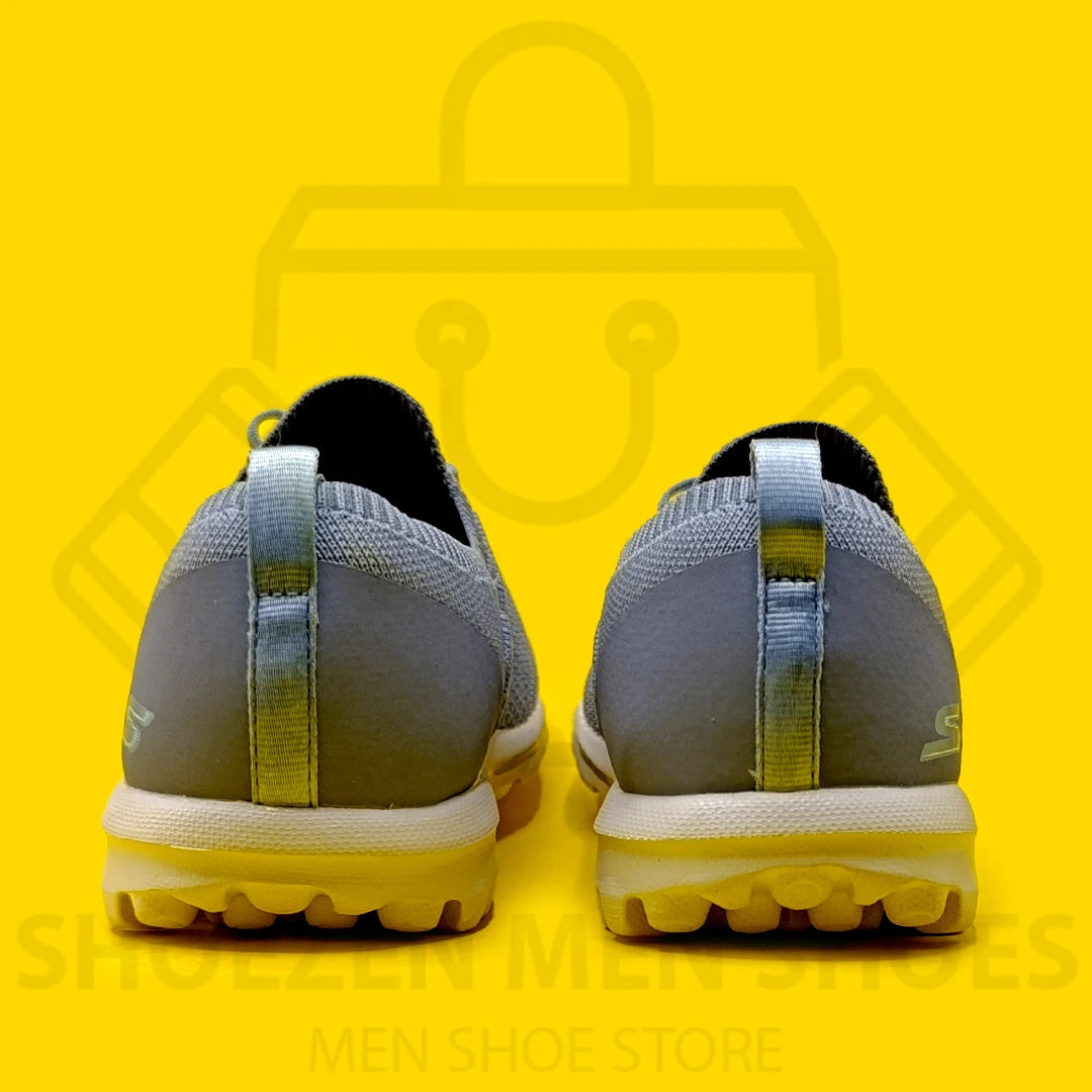 Trendy Go Walk Skechers - Shoezen Men Shoes - Gray sneaker with white sole on a yellow background